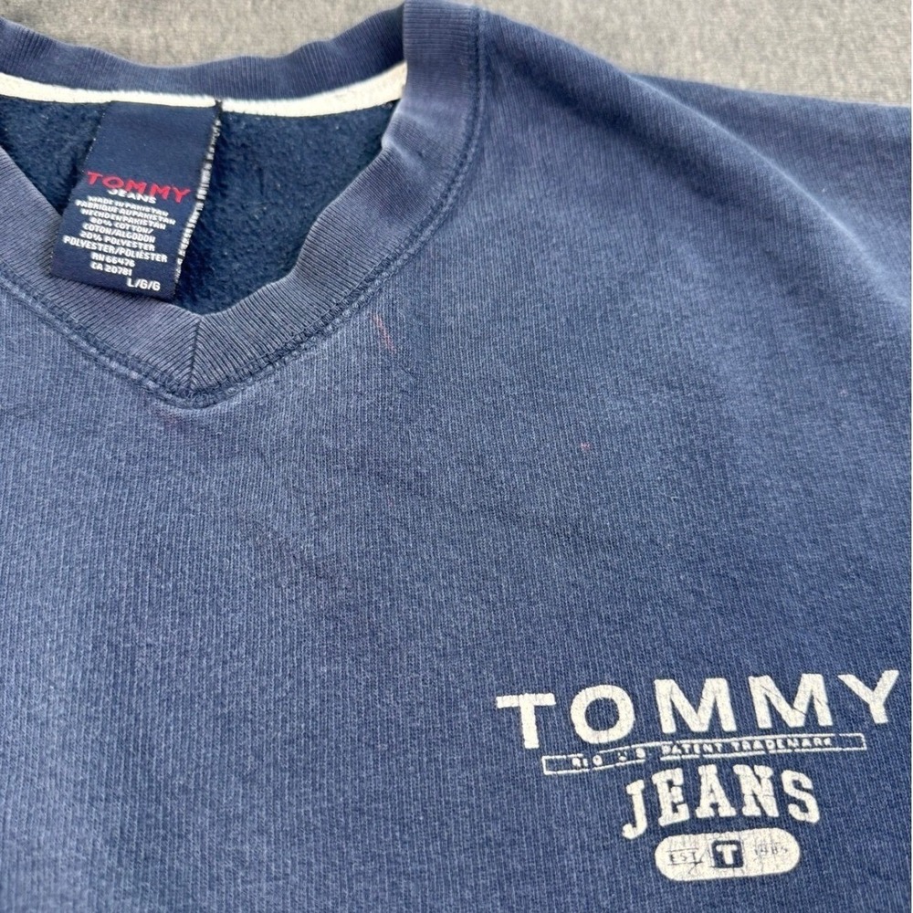 Tommy Jeans Mens Vintage Style Striped Sleeve Blue Sweatshirt Large L - Picture 2 of 13